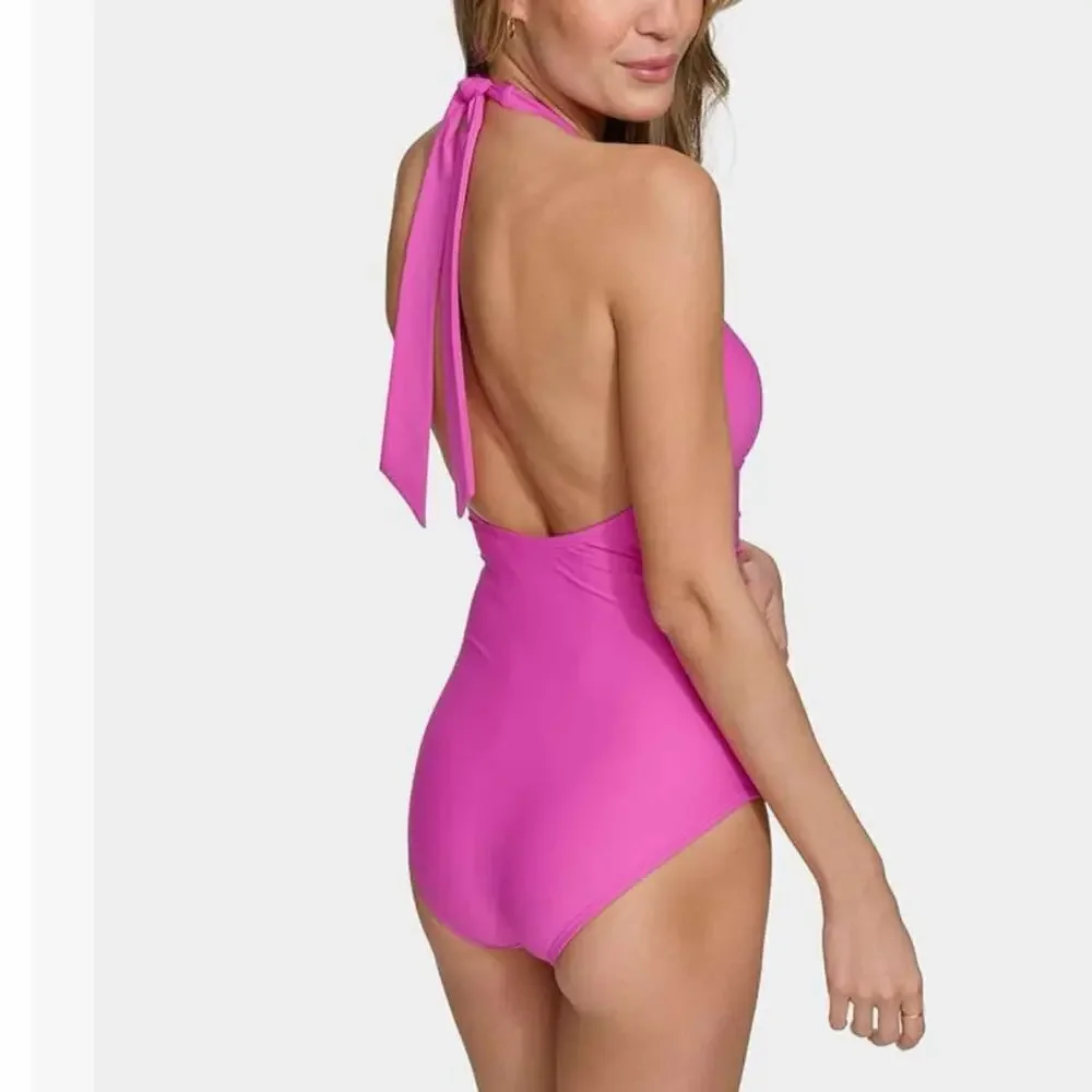 DKNY Triangle Halter One Piece Swimsuit Carnation Pink Size Large - Picture 3 of 10